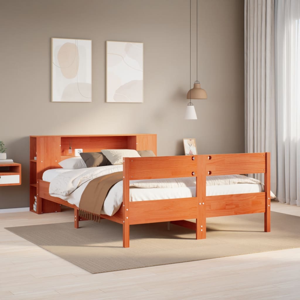 barna tömör fenyőfa könyvespolcos ágy matrac nélkül 135 x 190cm