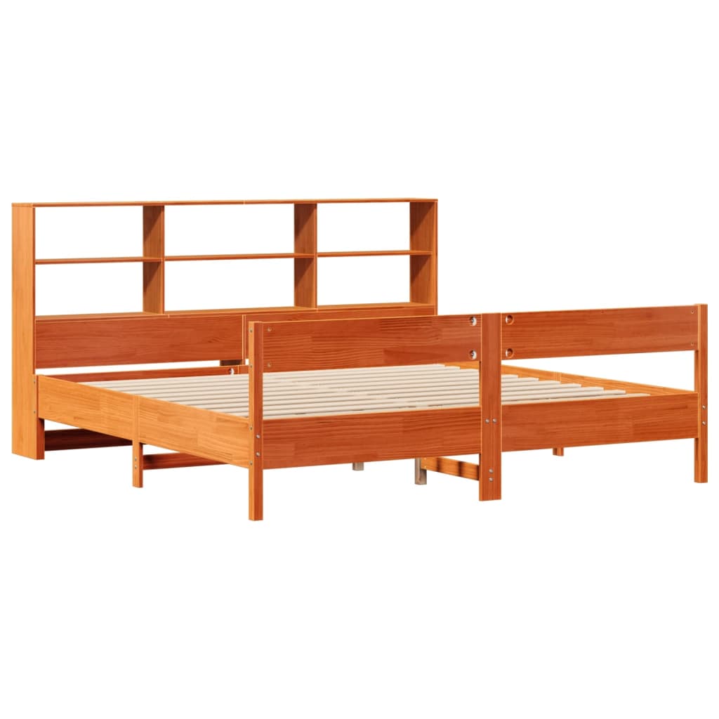 barna tömör fenyőfa könyvespolcos ágy matrac nélkül 200 x 200cm