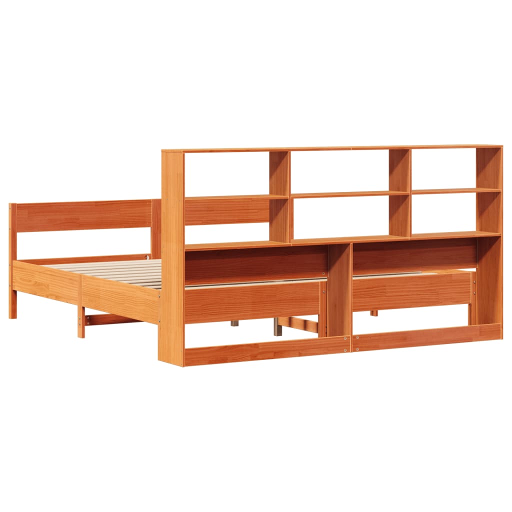 barna tömör fenyőfa könyvespolcos ágy matrac nélkül 200 x 200cm