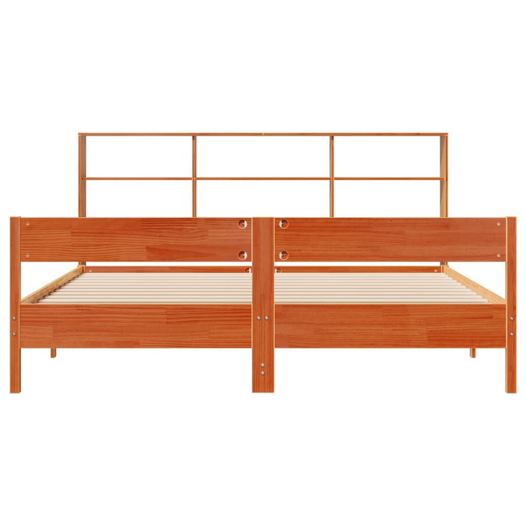 barna tömör fenyőfa könyvespolcos ágy matrac nélkül 180 x 200cm