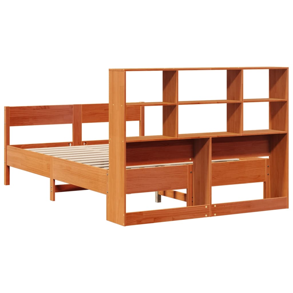 barna tömör fenyőfa könyvespolcos ágy matrac nélkül 160 x 200cm