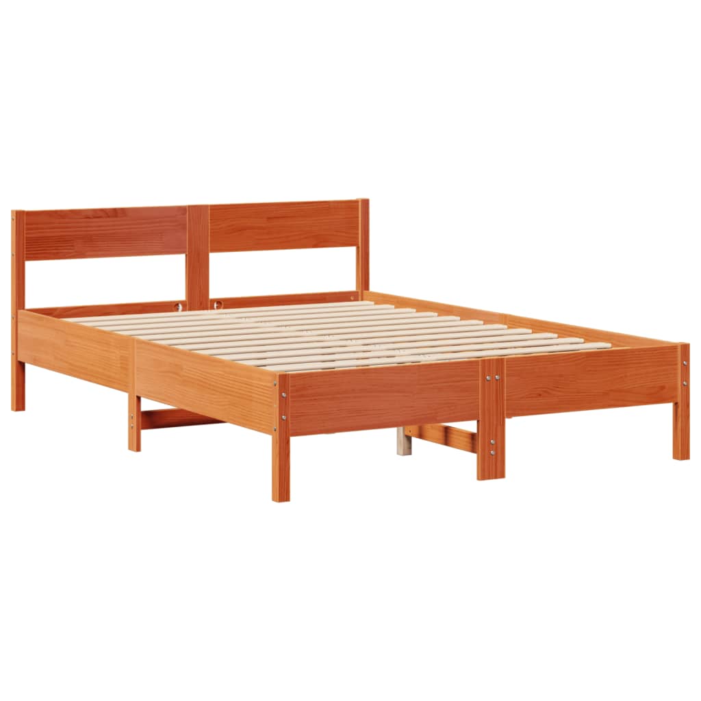 barna tömör fenyőfa könyvespolcos ágy matrac nélkül 160 x 200cm