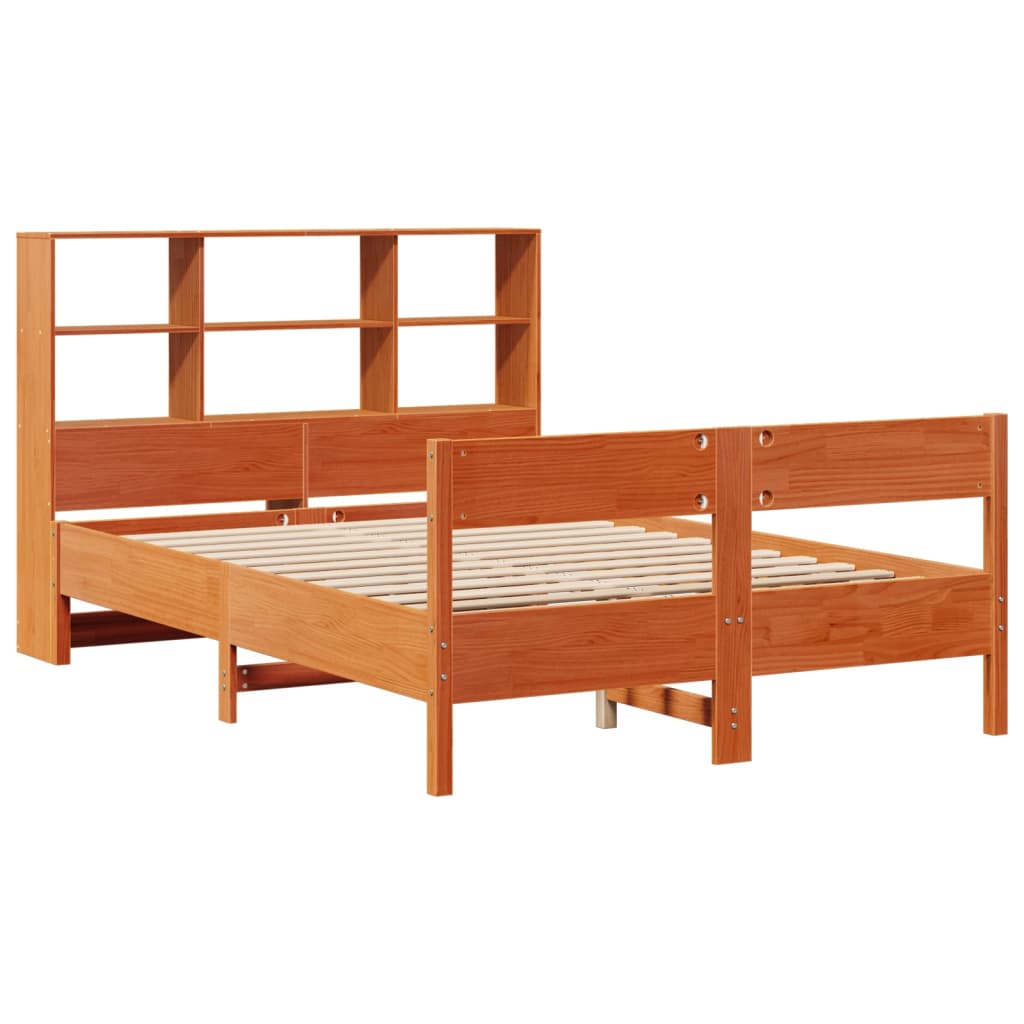 barna tömör fenyőfa könyvespolcos ágy matrac nélkül 120 x 190cm