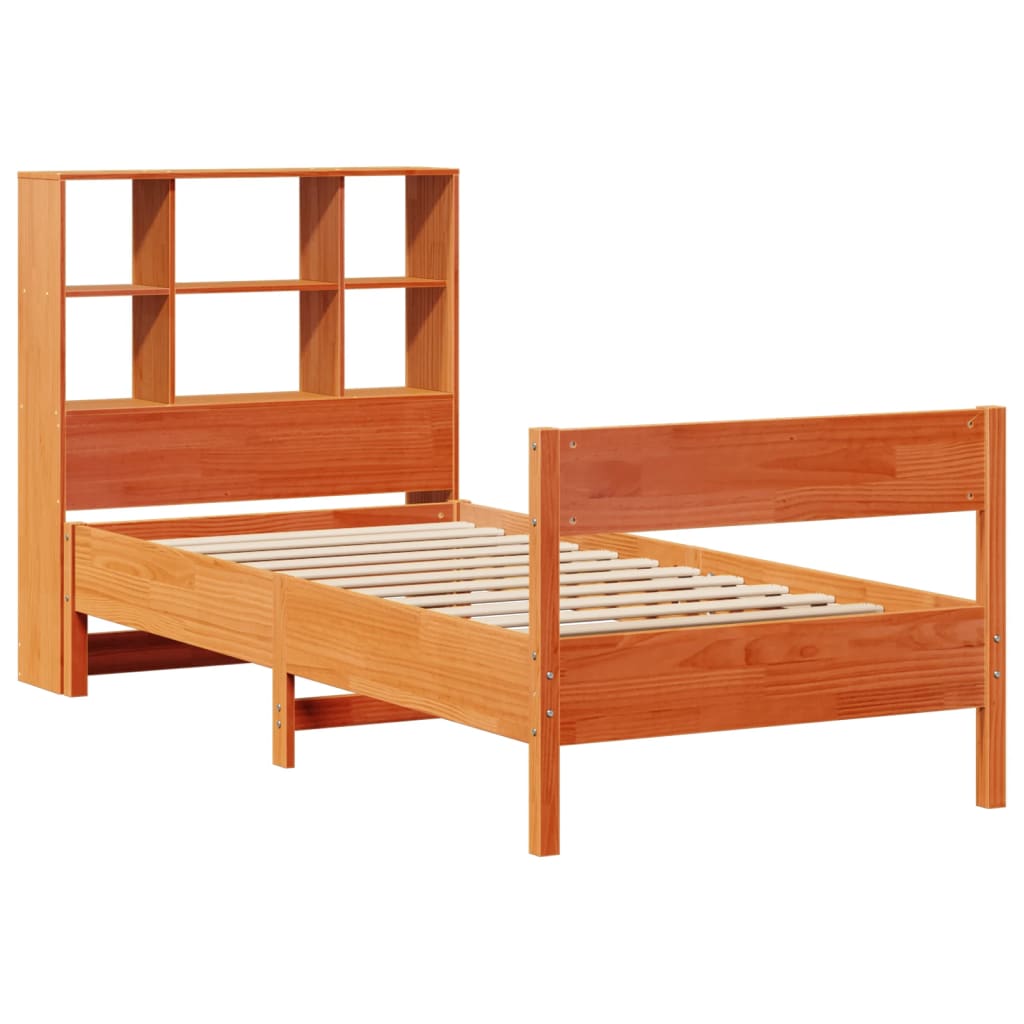 barna tömör fenyőfa könyvespolcos ágy matrac nélkül 75 x 190 cm