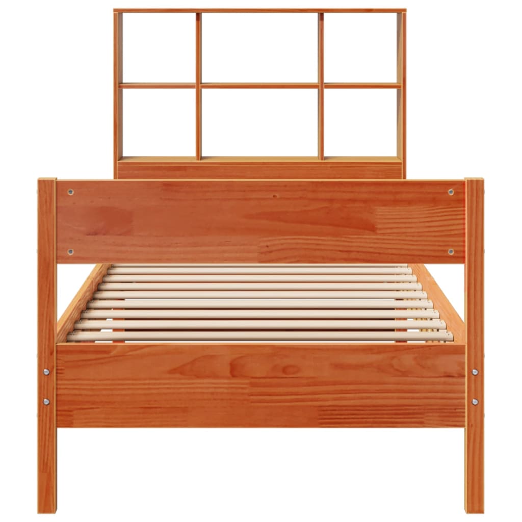 barna tömör fenyőfa könyvespolcos ágy matrac nélkül 75 x 190 cm