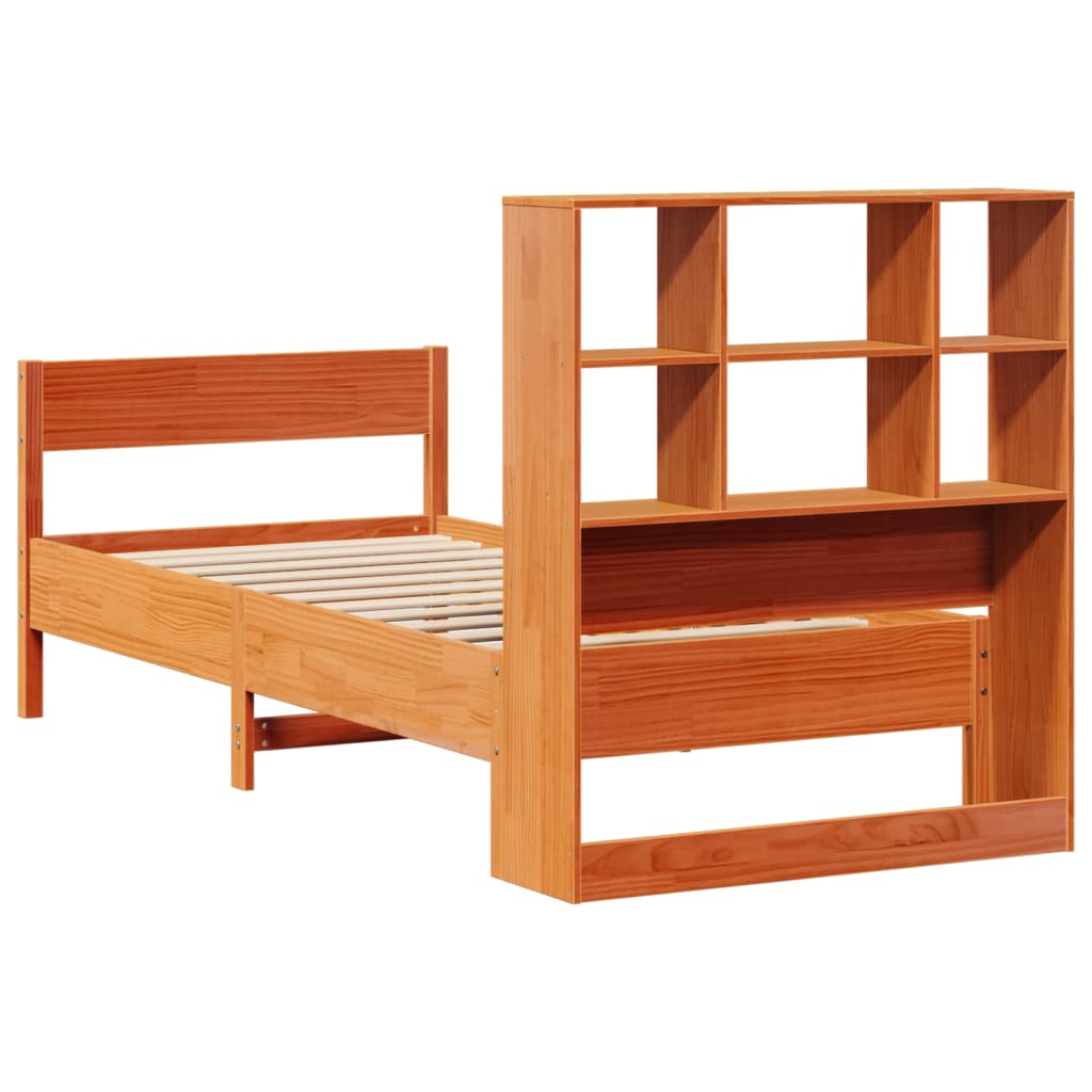 barna tömör fenyőfa könyvespolcos ágy matrac nélkül 75 x 190 cm