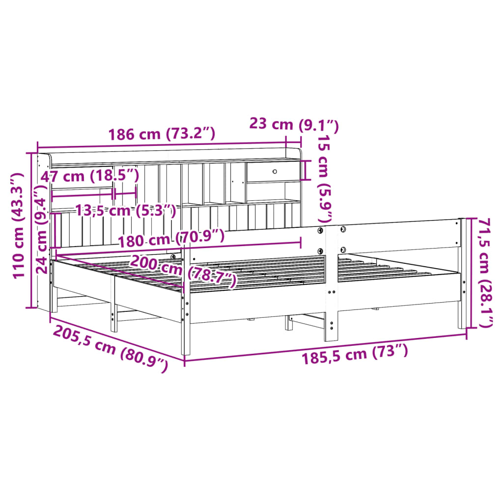 fehér tömör fenyőfa könyvespolcos ágy matrac nélkül 180x200 cm