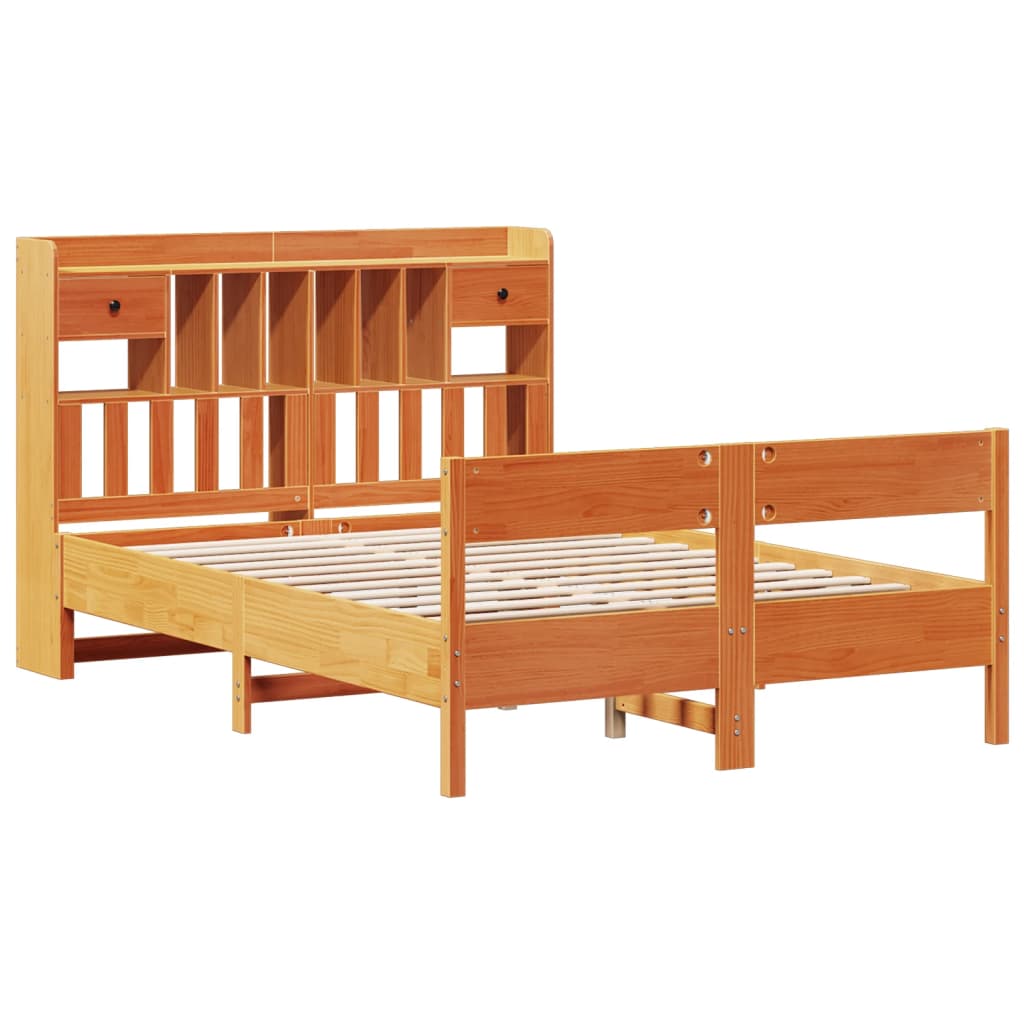 barna tömör fenyőfa könyvespolcos ágy matrac nélkül 160 x 200cm