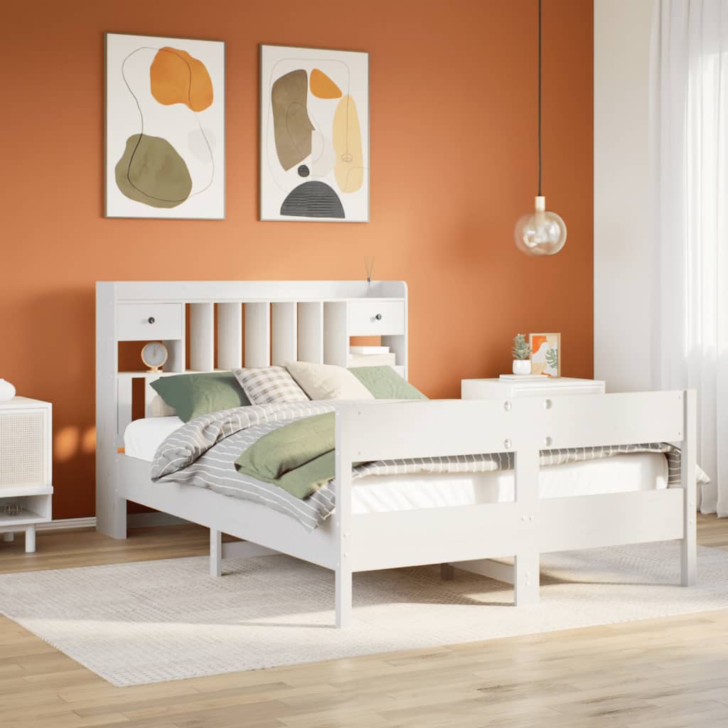 fehér tömör fenyőfa könyvespolcos ágy matrac nélkül 150x200 cm