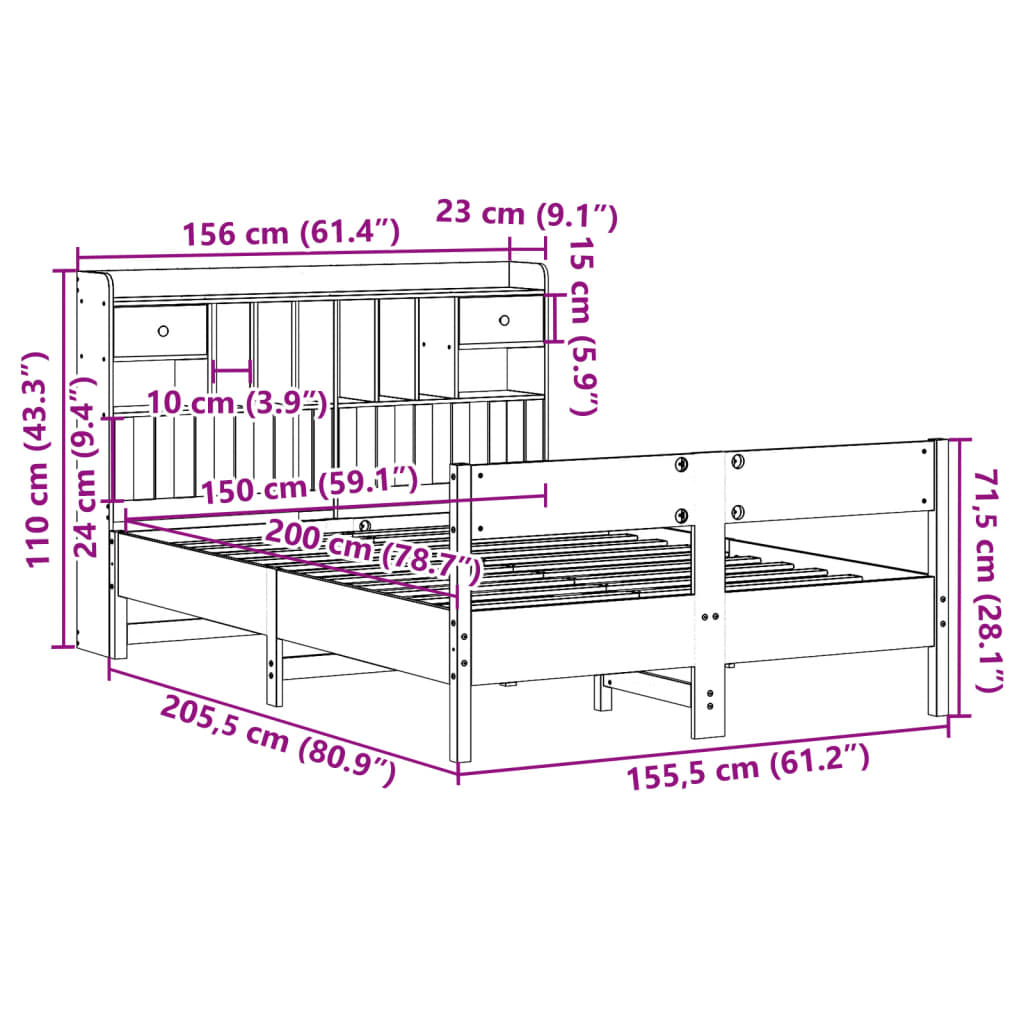 barna tömör fenyőfa könyvespolcos ágy matrac nélkül 150 x 200cm