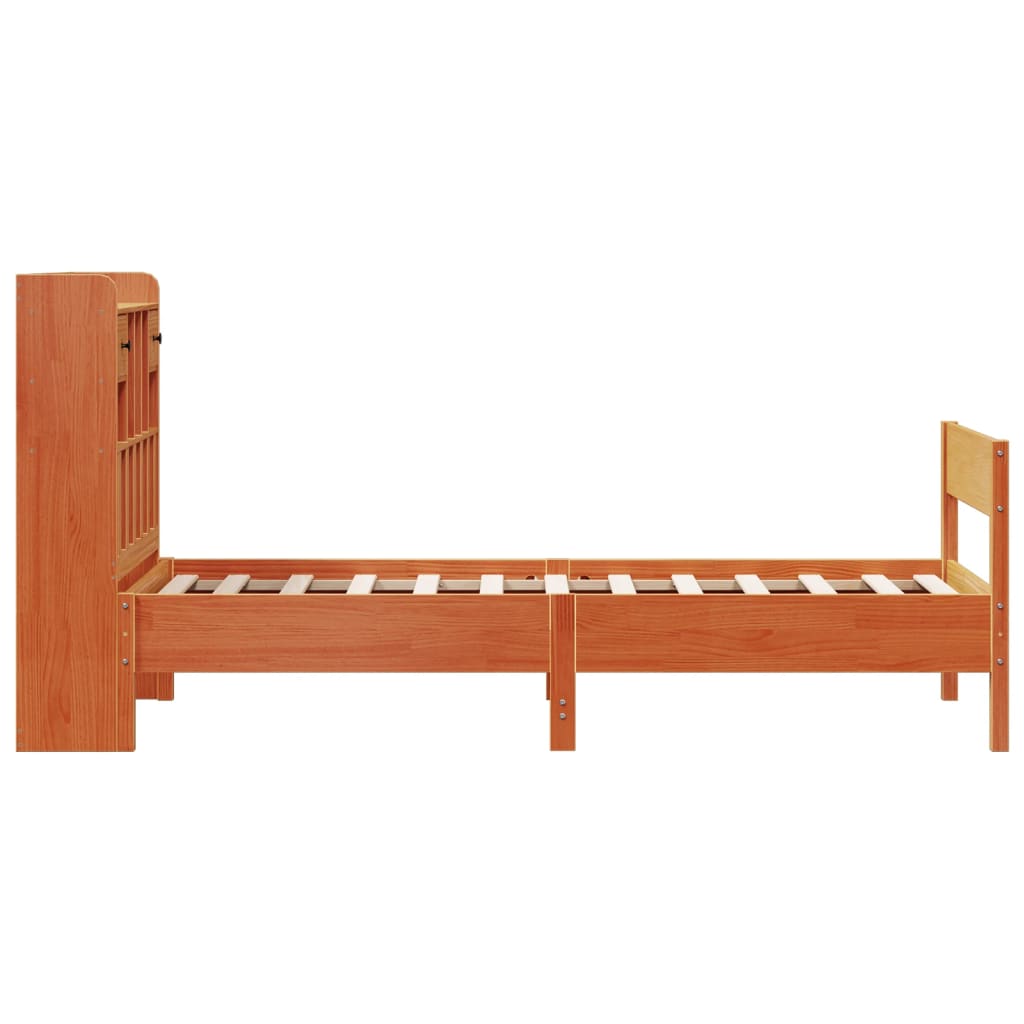 barna tömör fenyőfa könyvespolcos ágy matrac nélkül 100 x 200cm