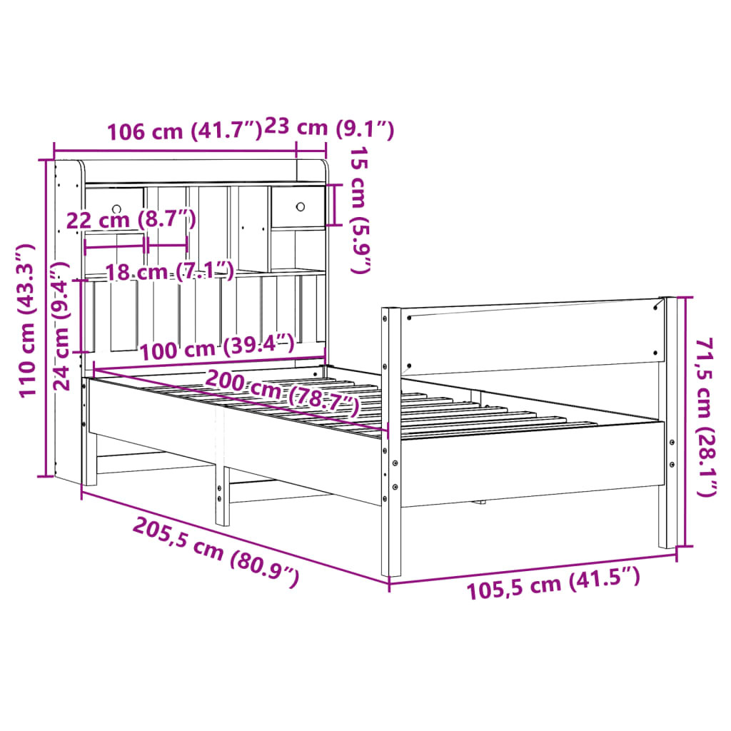 barna tömör fenyőfa könyvespolcos ágy matrac nélkül 100 x 200cm