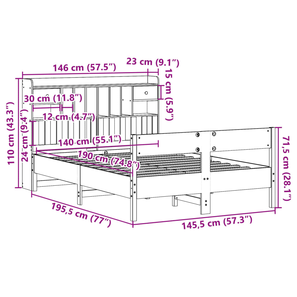 tömör fenyőfa könyvespolcos ágy matrac nélkül 140 x 190 cm