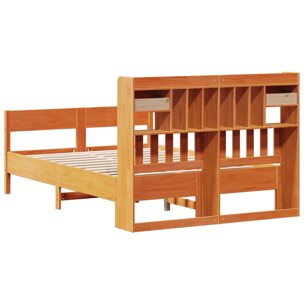 barna tömör fenyőfa könyvespolcos ágy matrac nélkül 135 x 190cm