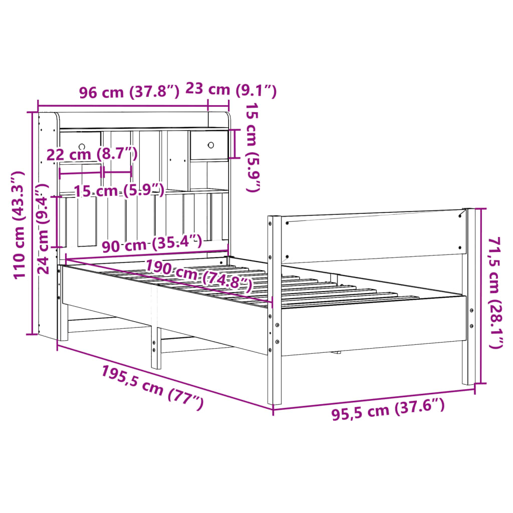 fehér tömör fenyőfa könyvespolcos ágy matrac nélkül 90 x 190 cm
