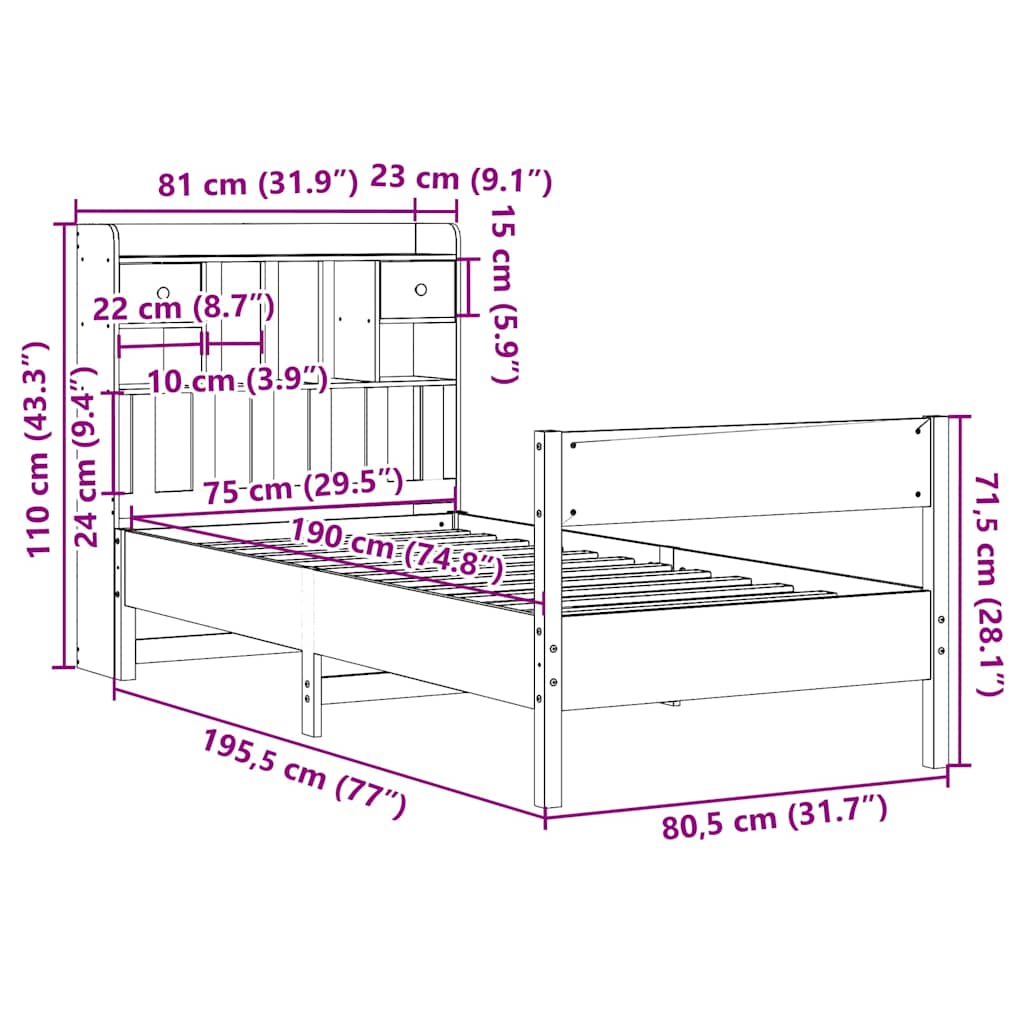 tömör fenyőfa könyvespolcos ágy matrac nélkül 75 x 190 cm