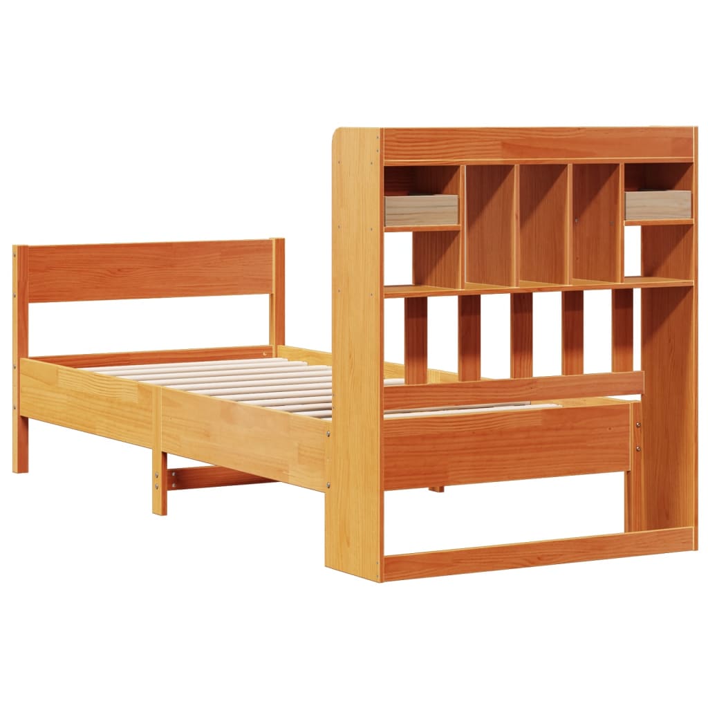 barna tömör fenyőfa könyvespolcos ágy matrac nélkül 75 x 190 cm