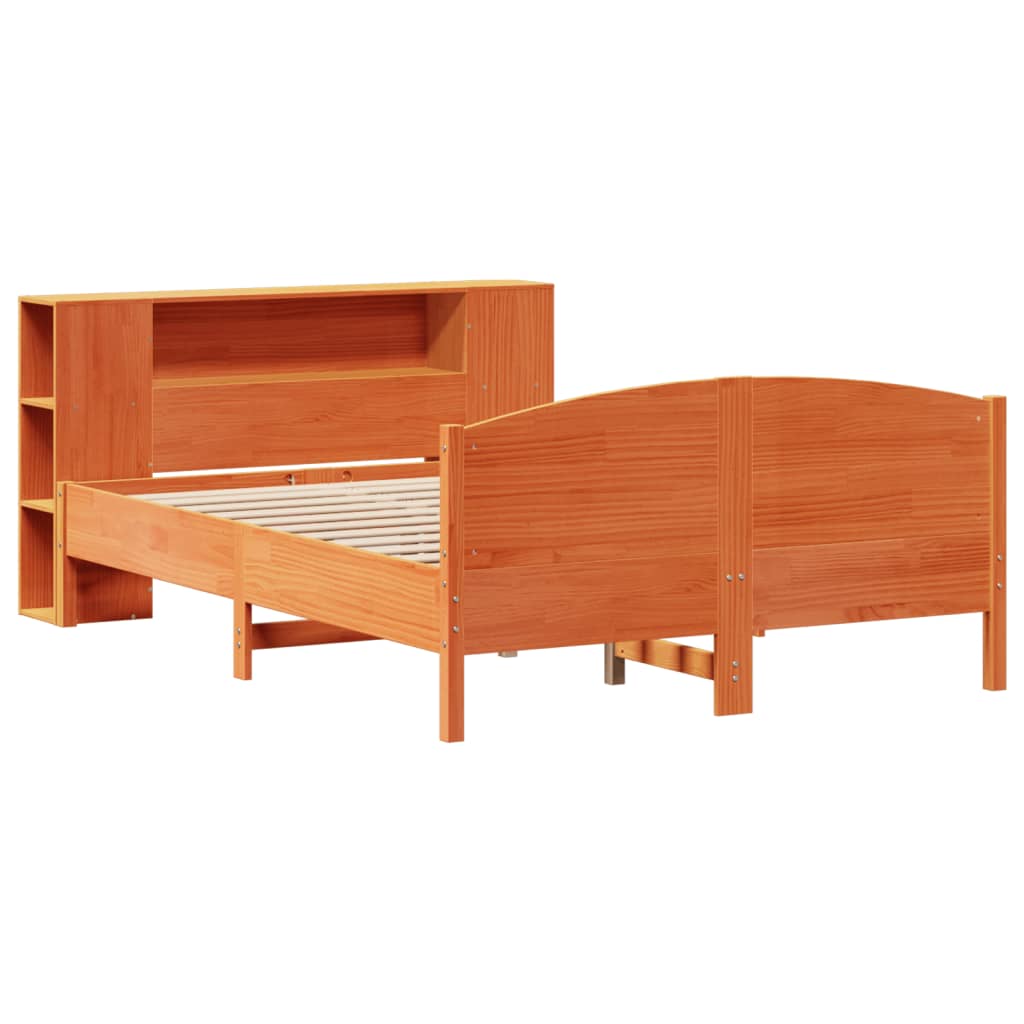 barna tömör fenyőfa könyvespolcos ágy matrac nélkül 150 x 200cm