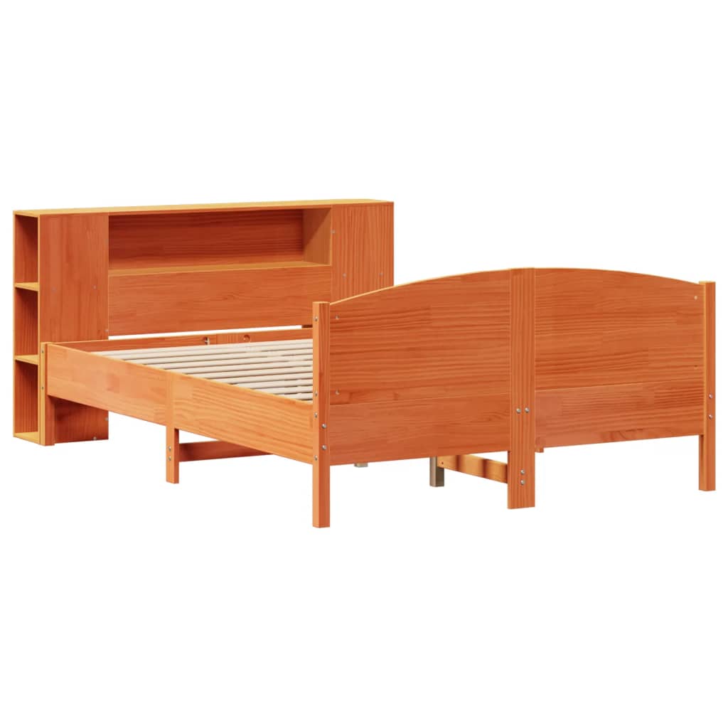 barna tömör fenyőfa könyvespolcos ágy matrac nélkül 140 x 190cm