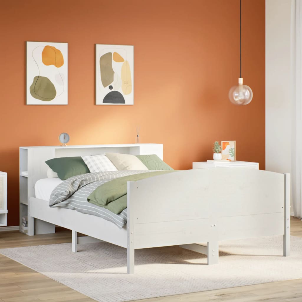 fehér tömör fenyőfa könyvespolcos ágy matrac nélkül 135x190 cm