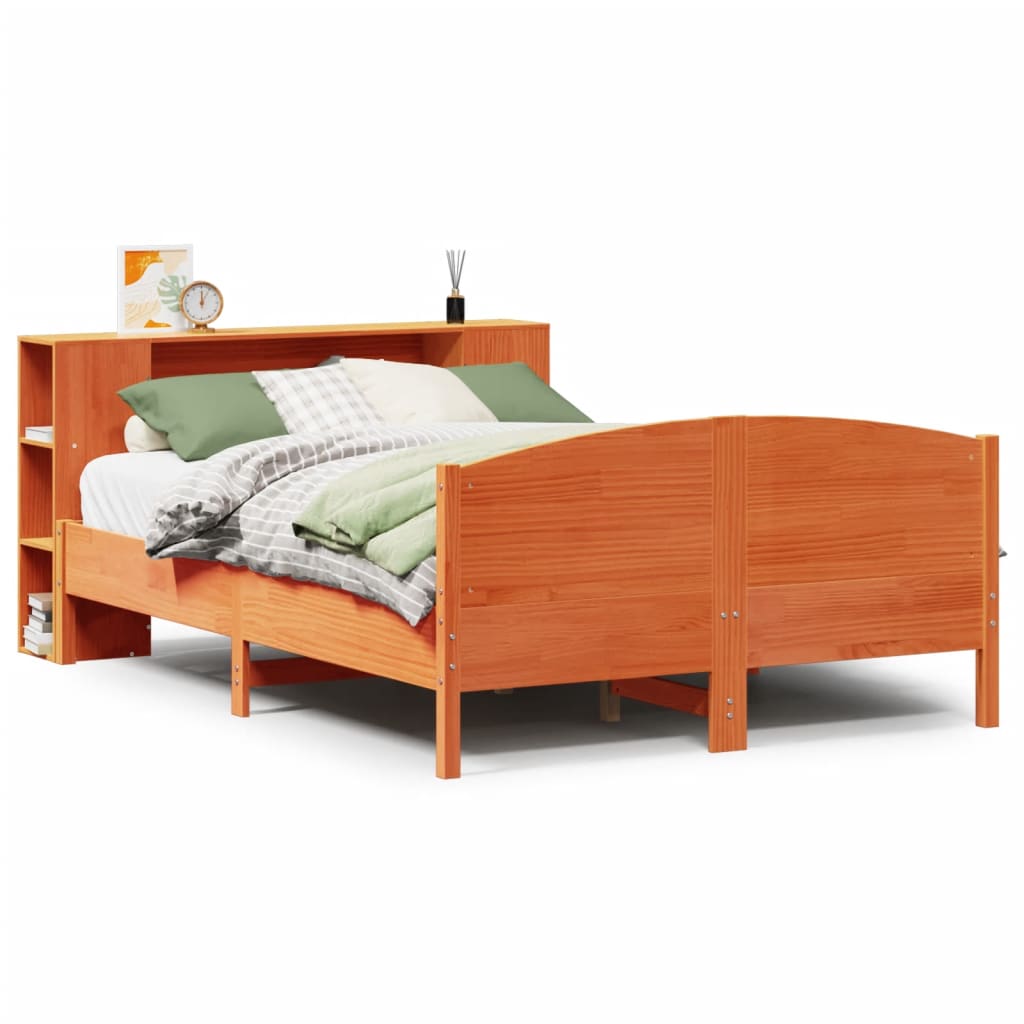 barna tömör fenyőfa könyvespolcos ágy matrac nélkül 135 x 190cm