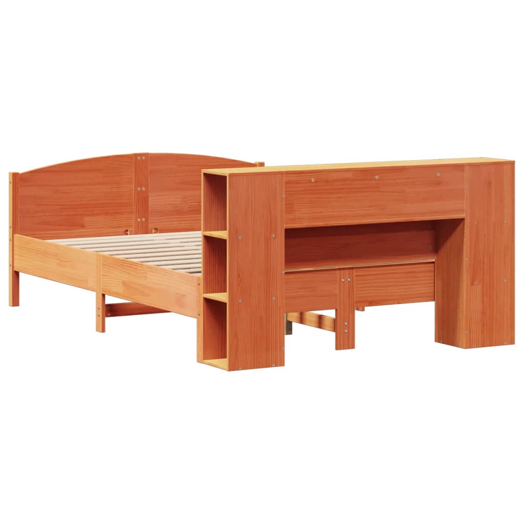 barna tömör fenyőfa könyvespolcos ágy matrac nélkül 135 x 190cm