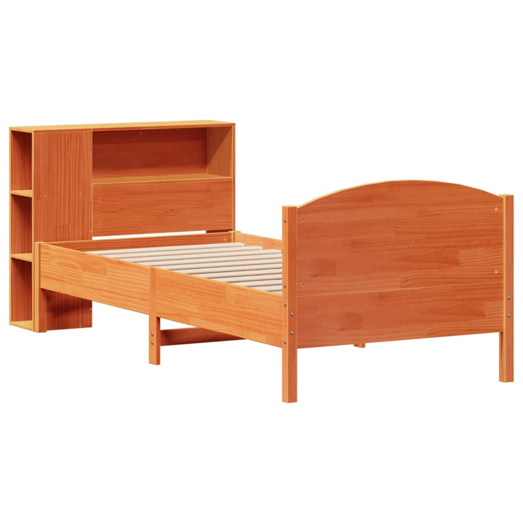 barna tömör fenyőfa könyvespolcos ágy matrac nélkül 100 x 200cm