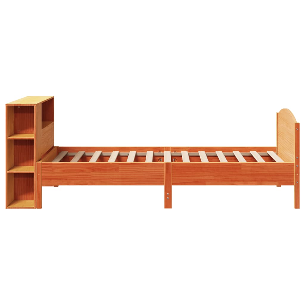 barna tömör fenyőfa könyvespolcos ágy matrac nélkül 100 x 200cm