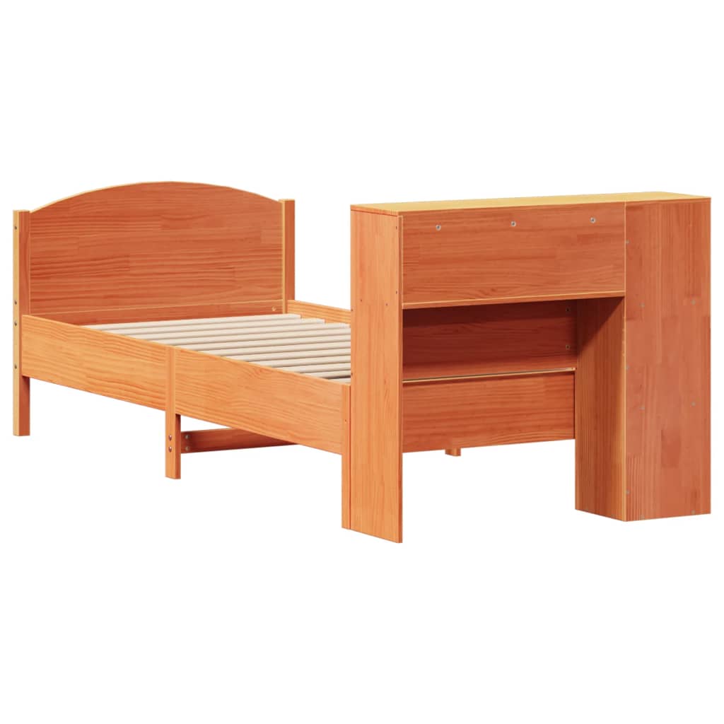 barna tömör fenyőfa könyvespolcos ágy matrac nélkül 100 x 200cm
