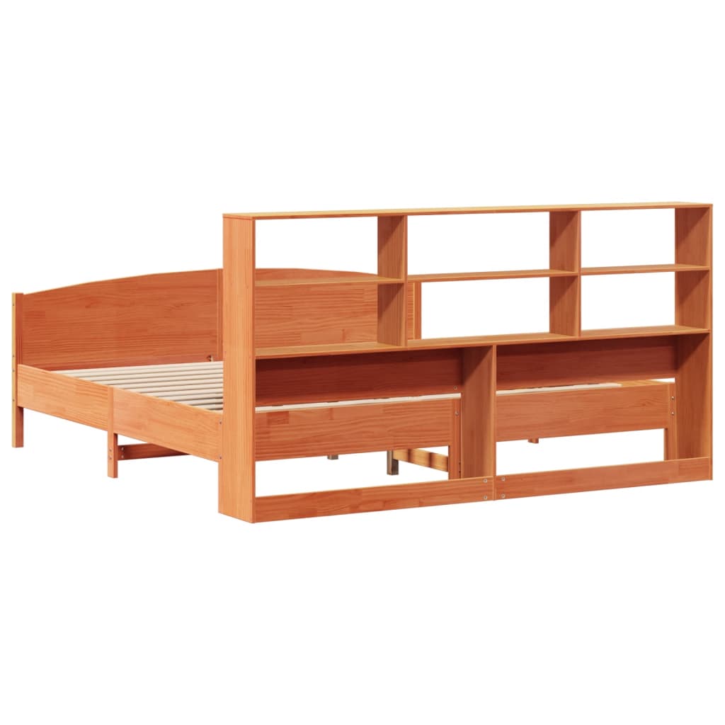 barna tömör fenyőfa könyvespolcos ágy matrac nélkül 200 x 200cm