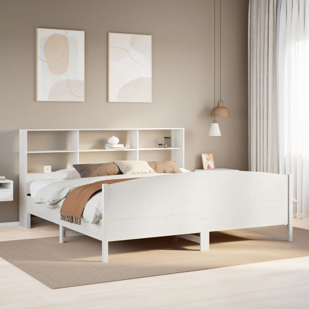 fehér tömör fenyőfa könyvespolcos ágy matrac nélkül 180x200 cm