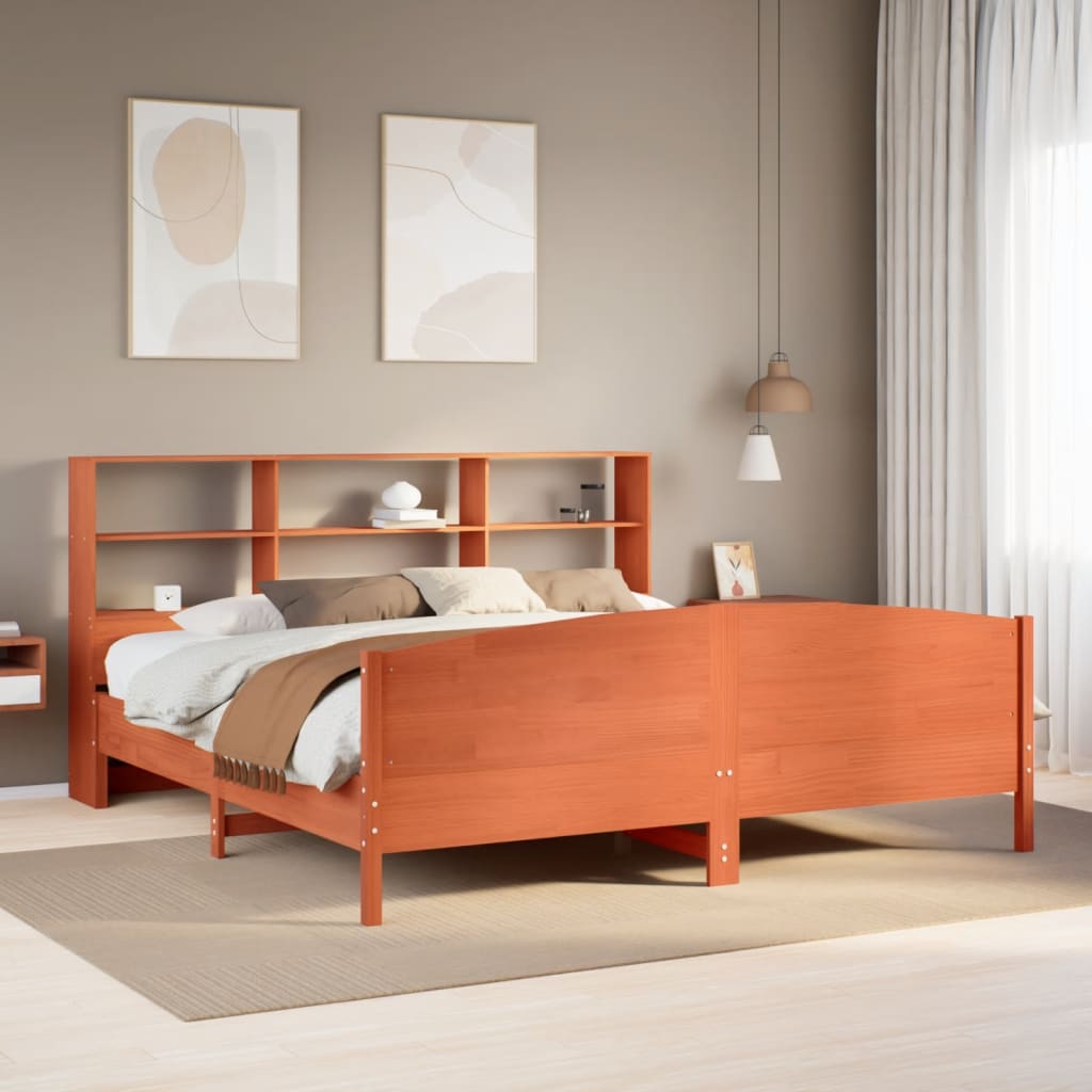 barna tömör fenyőfa könyvespolcos ágy matrac nélkül 180 x 200cm