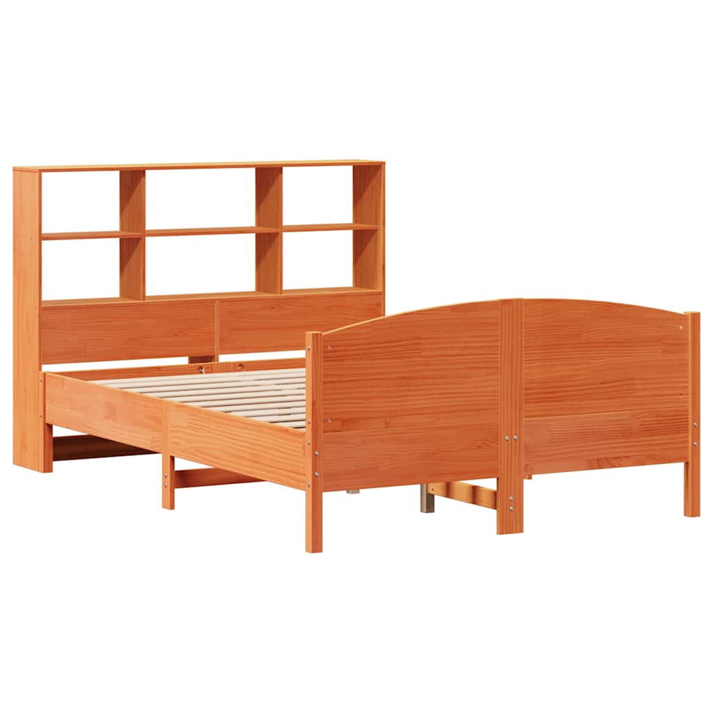 barna tömör fenyőfa könyvespolcos ágy matrac nélkül 140 x 200cm