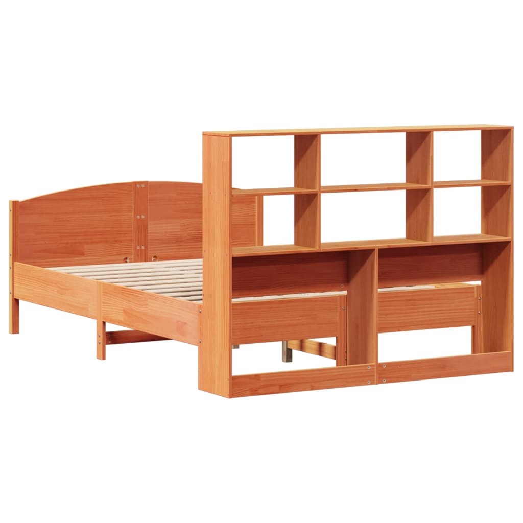 barna tömör fenyőfa könyvespolcos ágy matrac nélkül 120 x 200cm