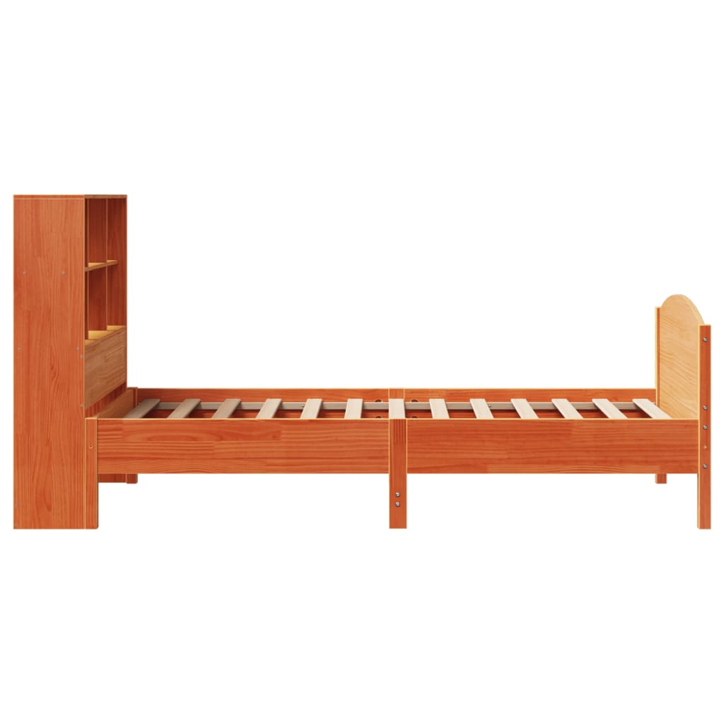 barna tömör fenyőfa könyvespolcos ágy matrac nélkül 100 x 200cm