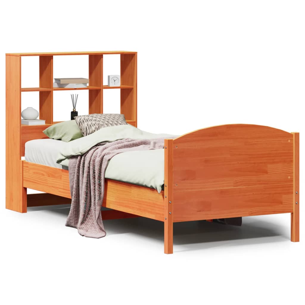barna tömör fenyőfa könyvespolcos ágy matrac nélkül 75 x 190 cm