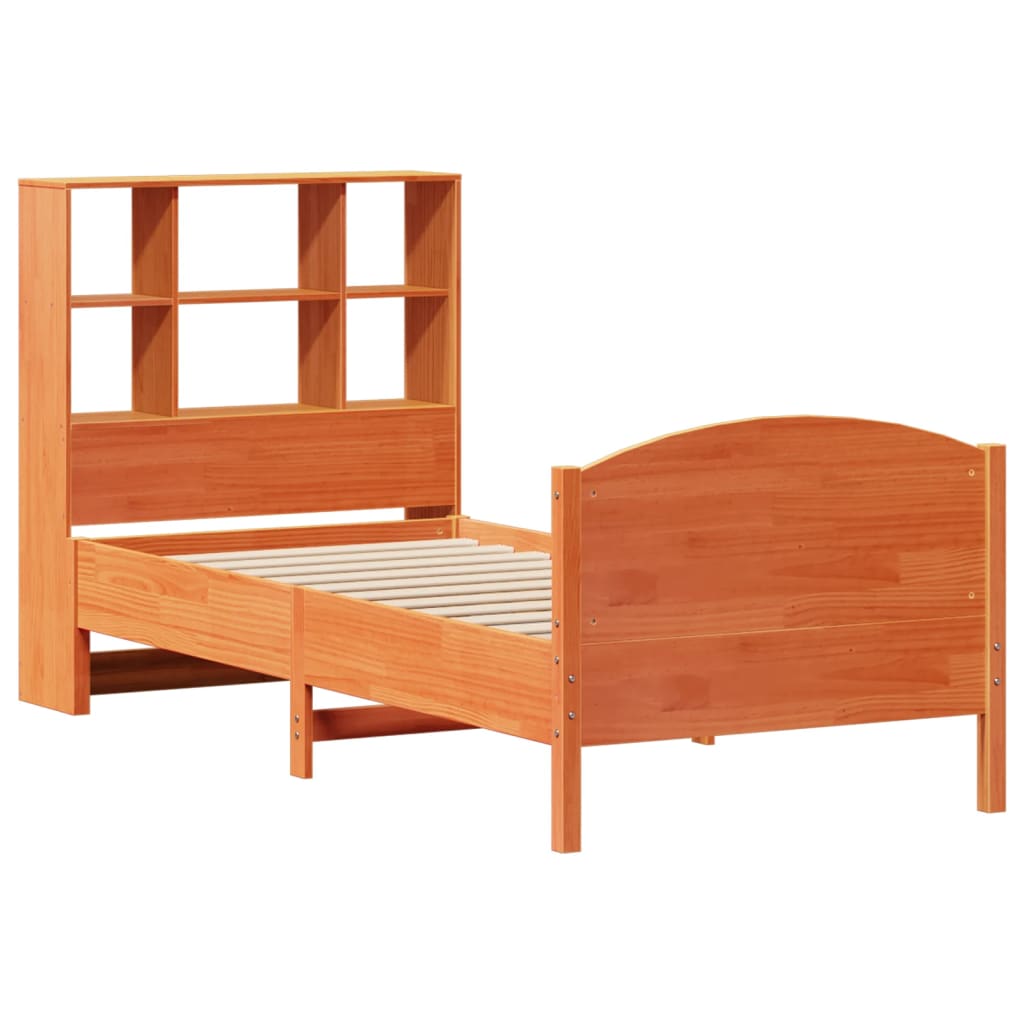 barna tömör fenyőfa könyvespolcos ágy matrac nélkül 75 x 190 cm