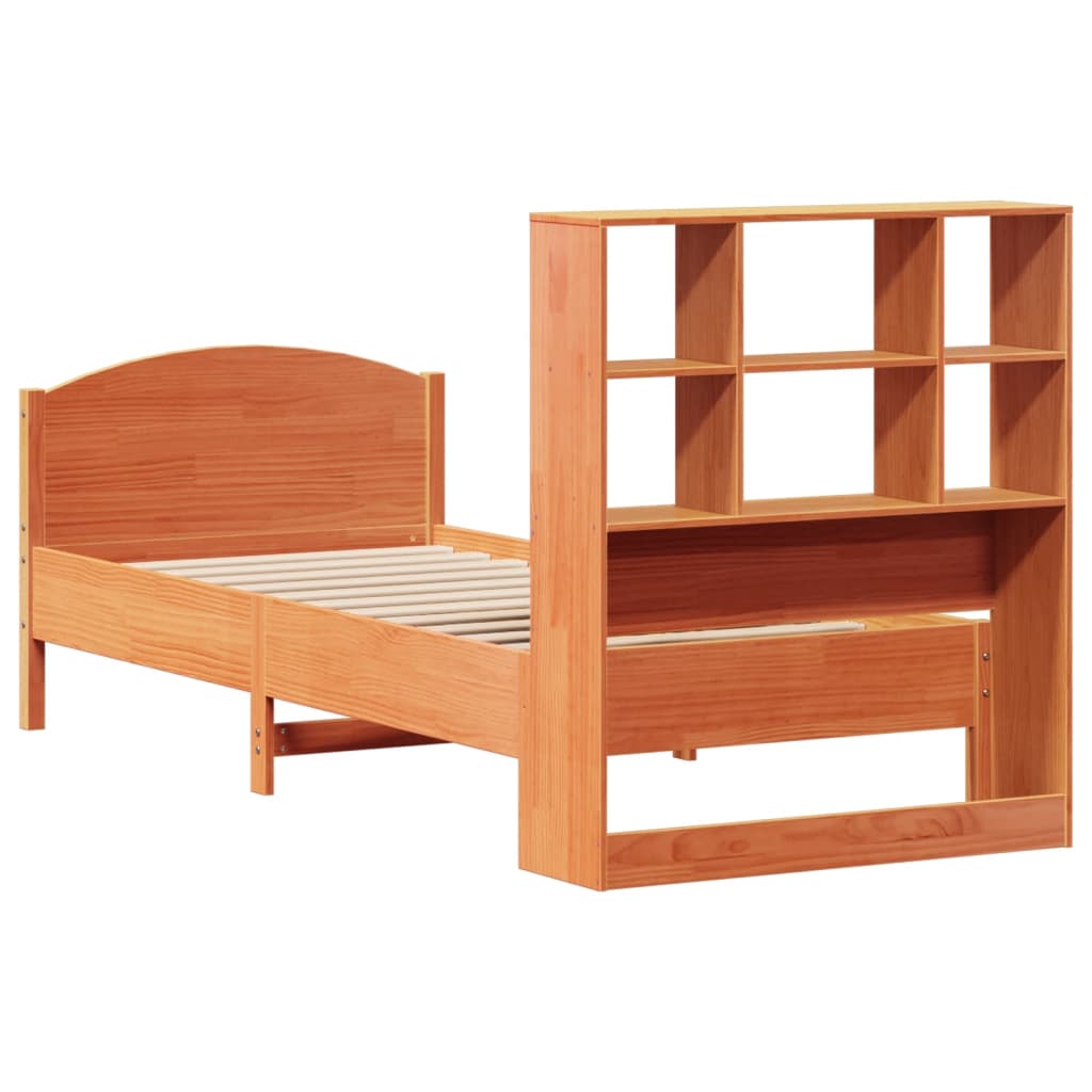 barna tömör fenyőfa könyvespolcos ágy matrac nélkül 75 x 190 cm