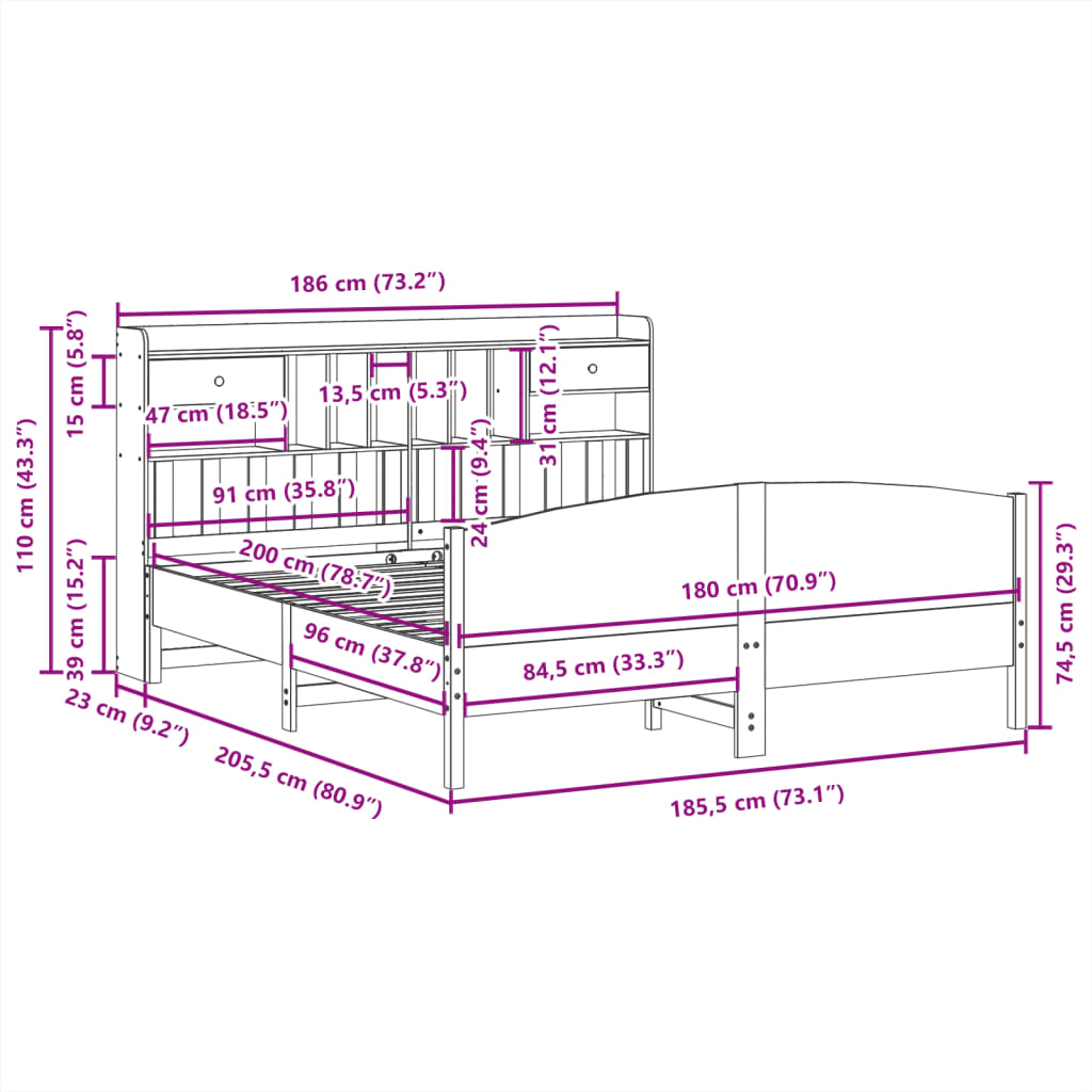 fehér tömör fenyőfa könyvespolcos ágy matrac nélkül 180x200 cm