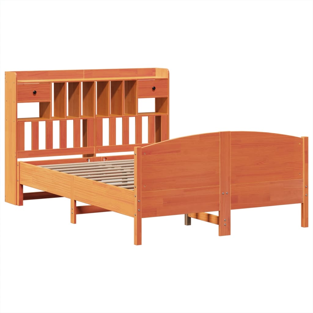 barna tömör fenyőfa könyvespolcos ágy matrac nélkül 150 x 200cm