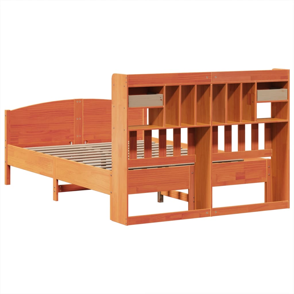 barna tömör fenyőfa könyvespolcos ágy matrac nélkül 150 x 200cm