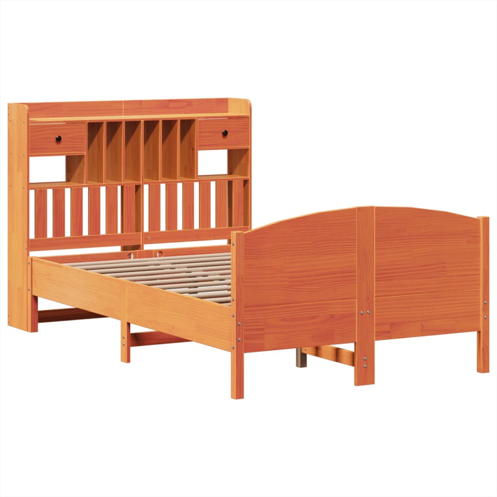 barna tömör fenyőfa könyvespolcos ágy matrac nélkül 135 x 190cm