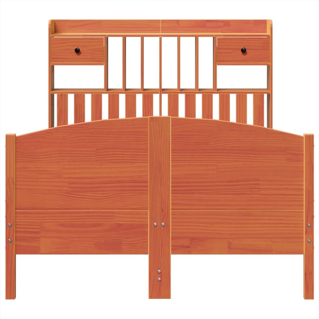 barna tömör fenyőfa könyvespolcos ágy matrac nélkül 135 x 190cm
