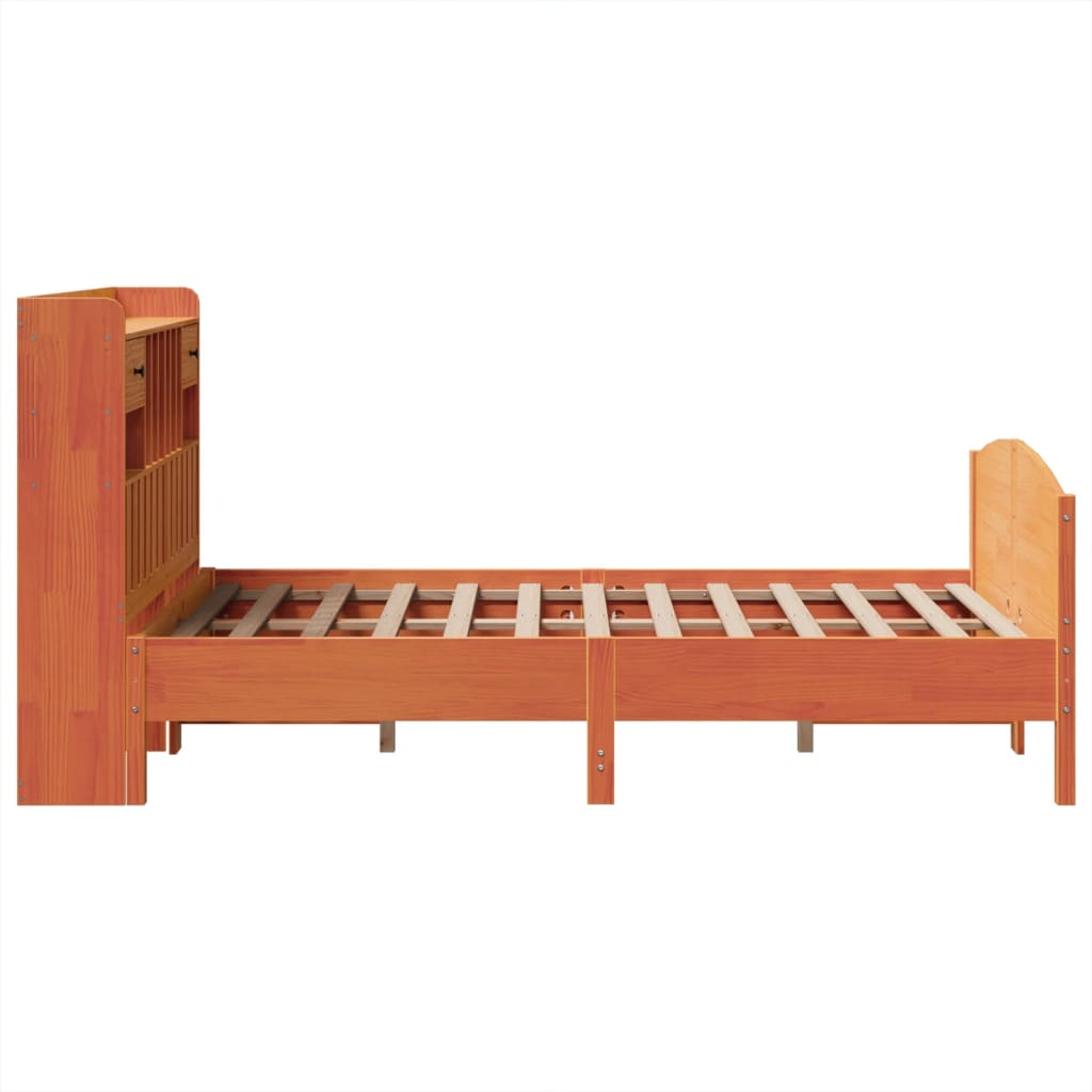barna tömör fenyőfa könyvespolcos ágy matrac nélkül 135 x 190cm