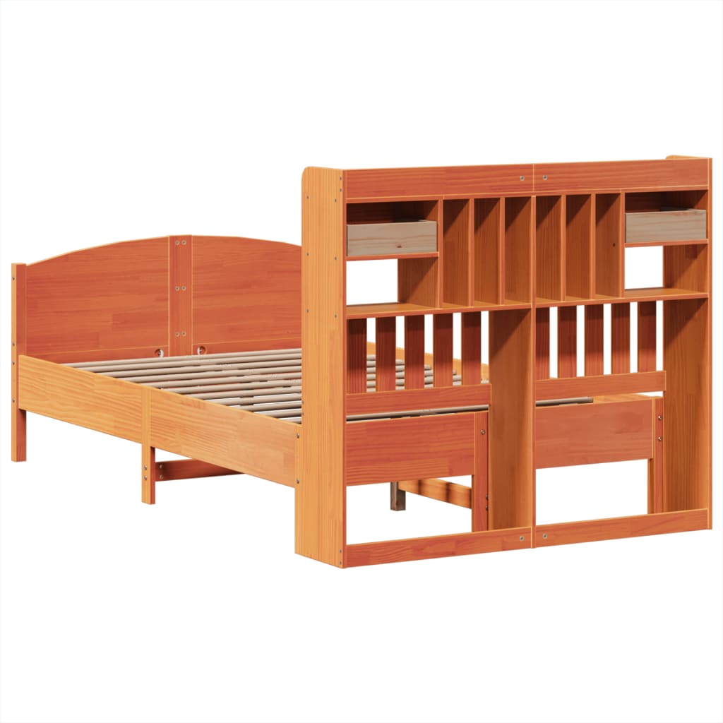 barna tömör fenyőfa könyvespolcos ágy matrac nélkül 135 x 190cm