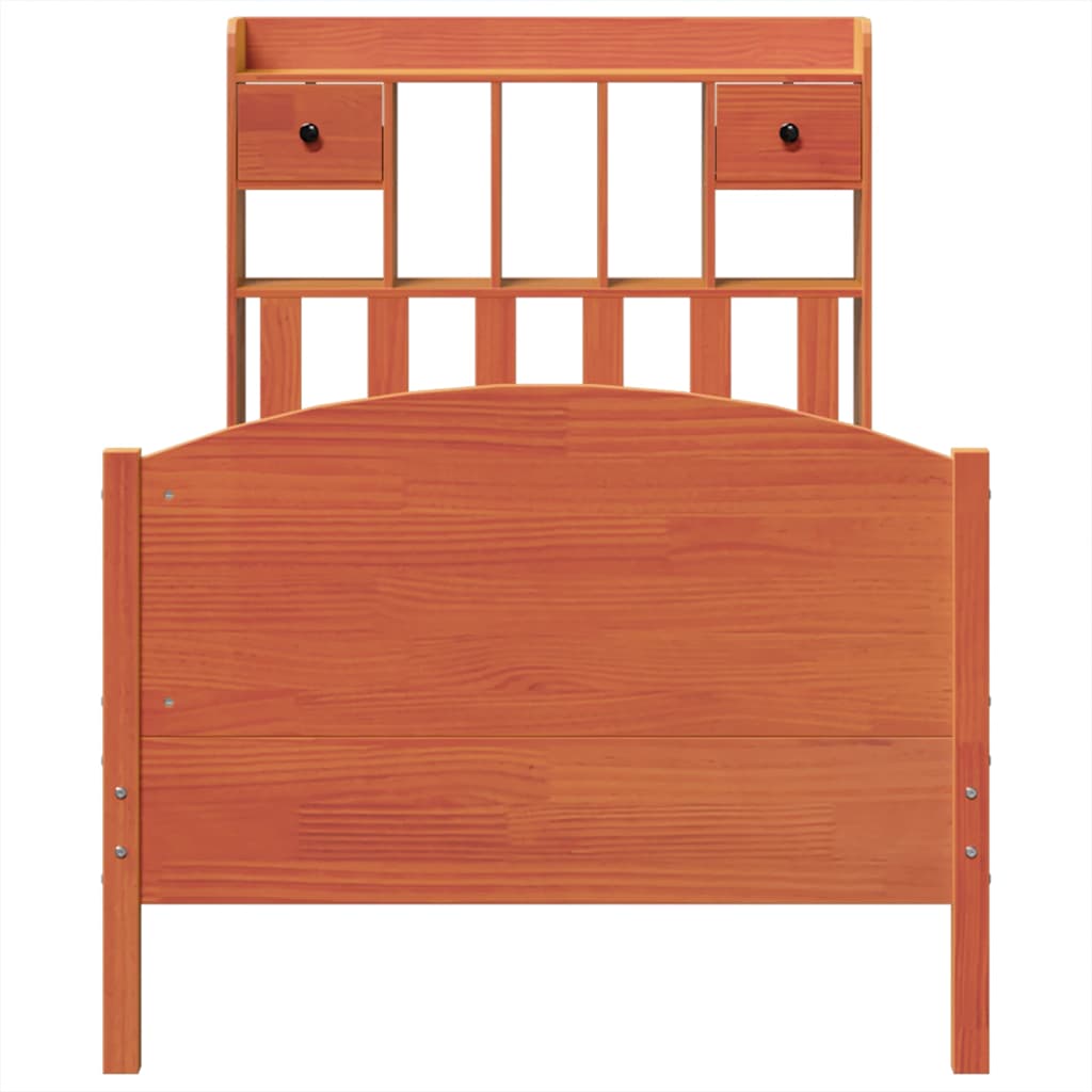barna tömör fenyőfa könyvespolcos ágy matrac nélkül 75 x 190 cm