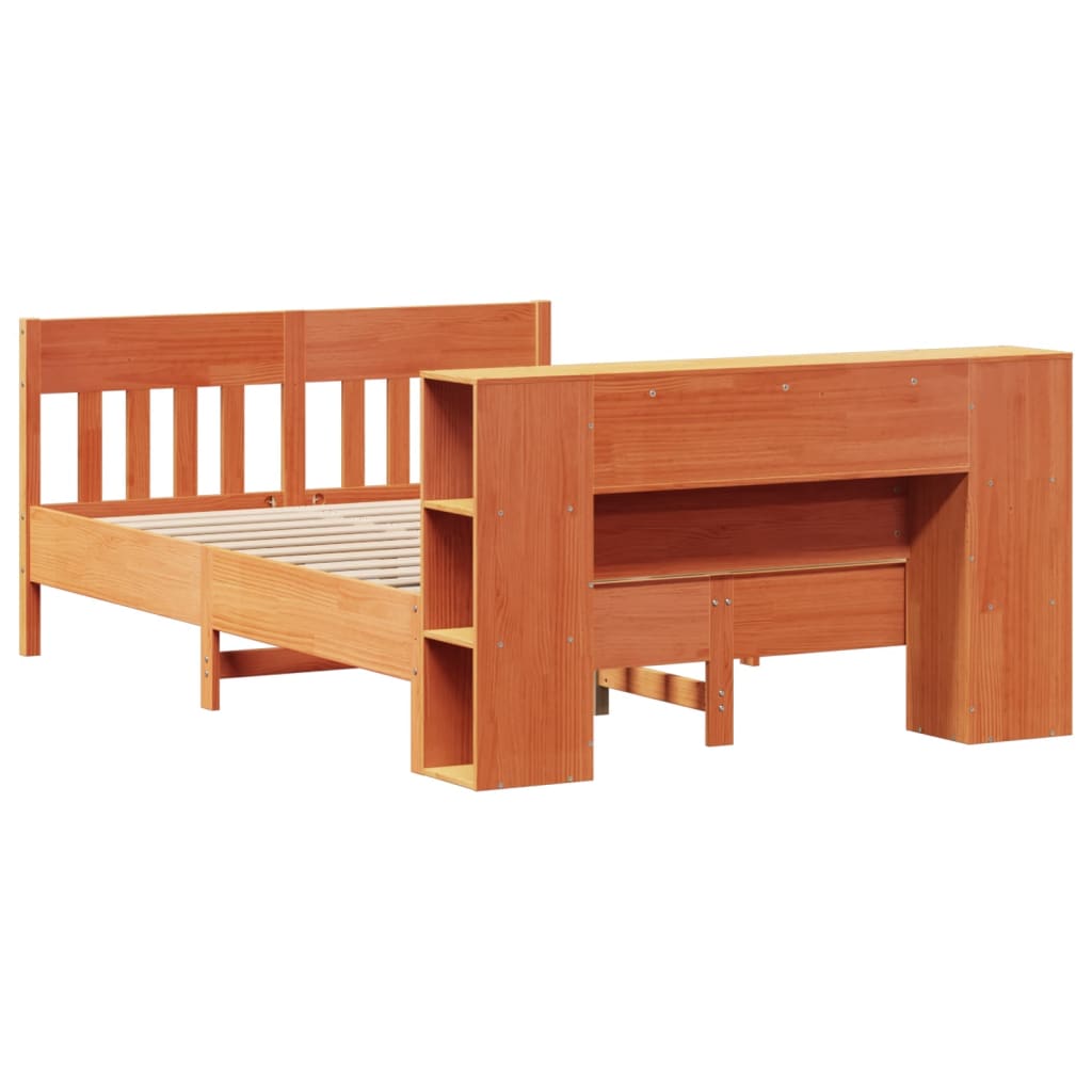 barna tömör fenyőfa könyvespolcos ágy matrac nélkül 150 x 200cm