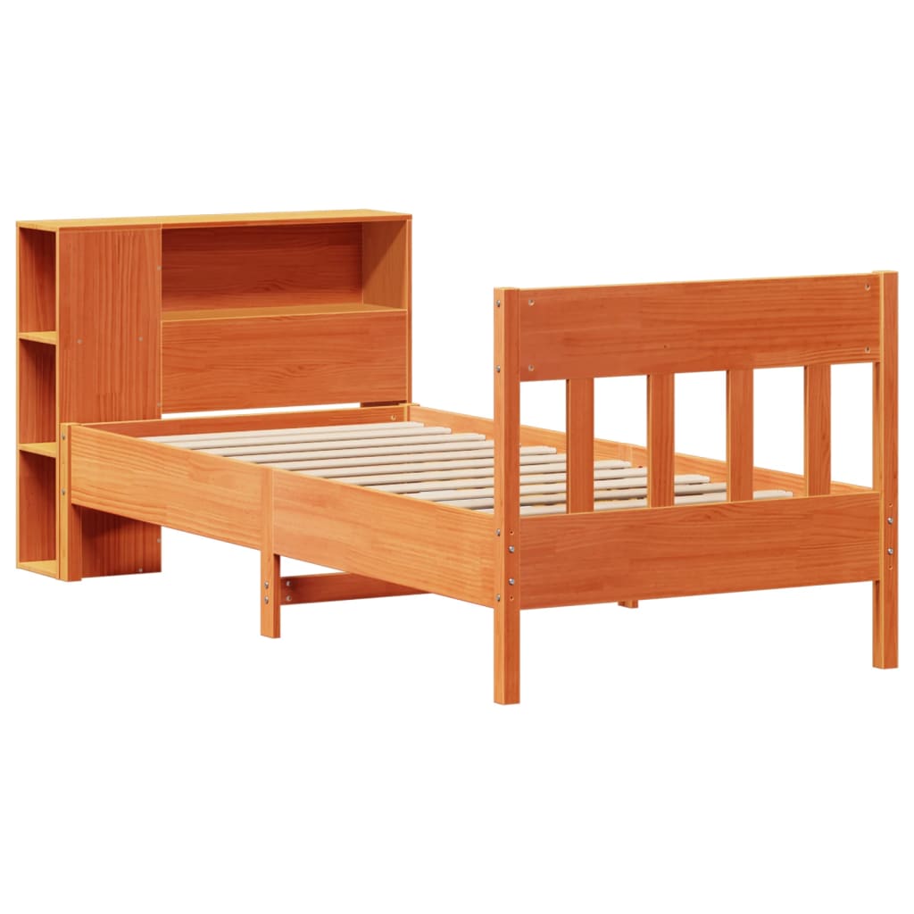 barna tömör fenyőfa könyvespolcos ágy matrac nélkül 100 x 200cm