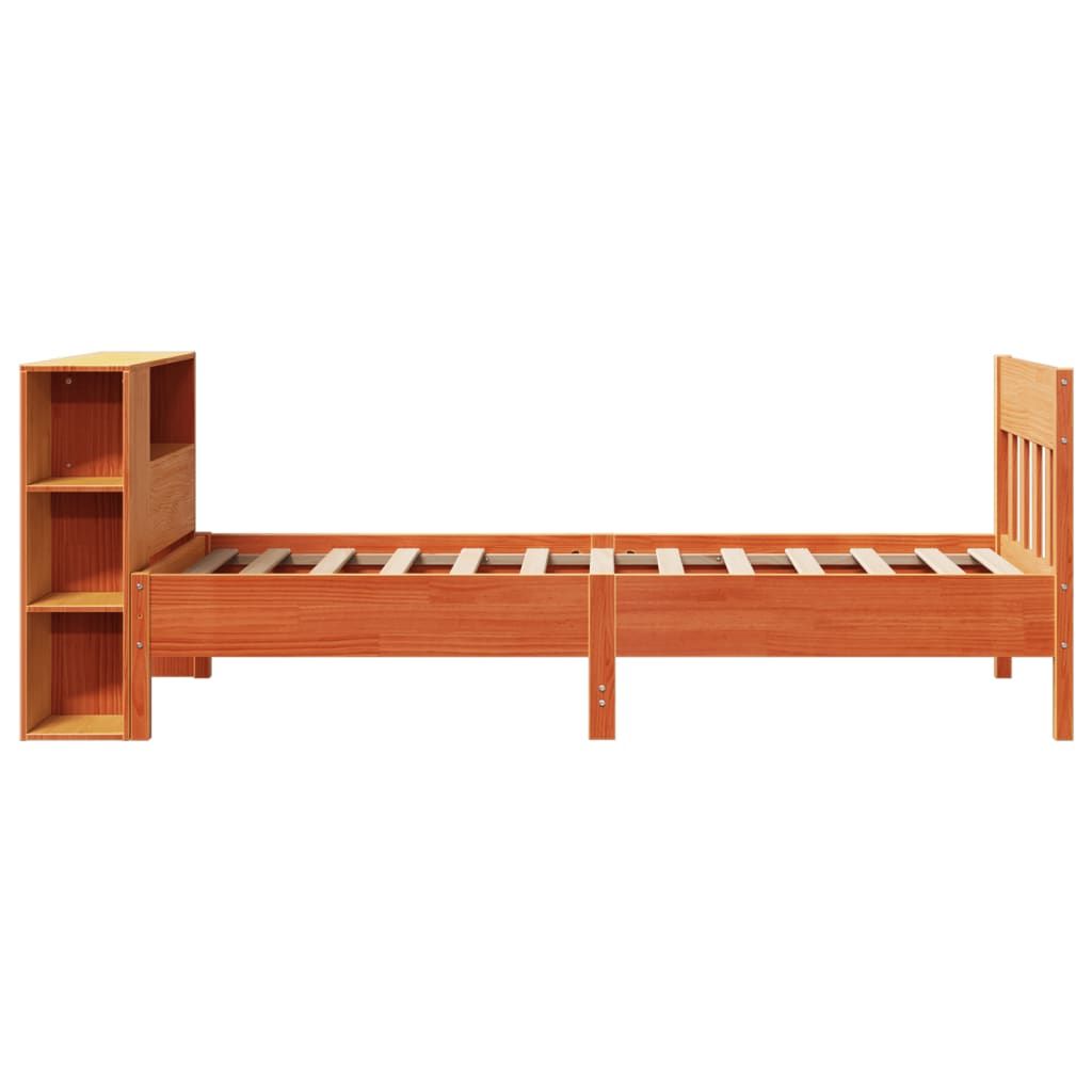 barna tömör fenyőfa könyvespolcos ágy matrac nélkül 100 x 200cm