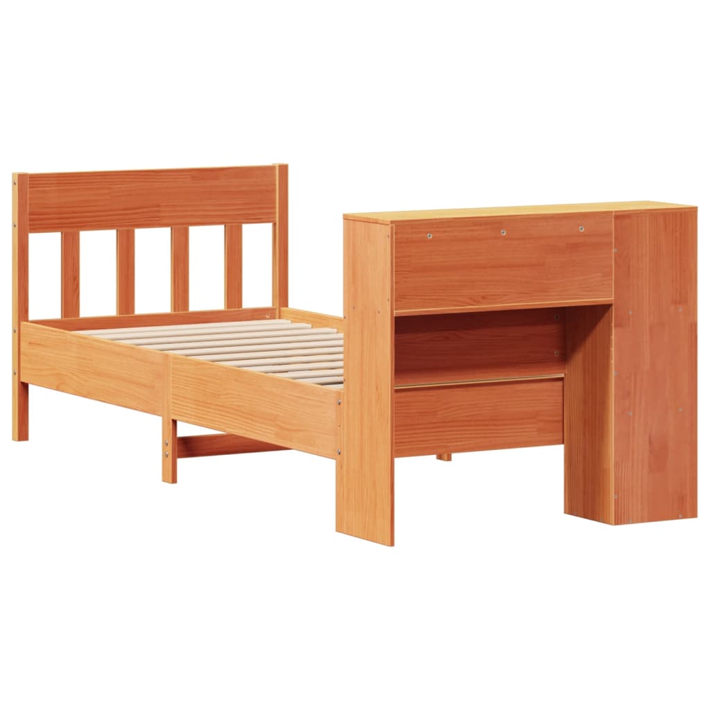 barna tömör fenyőfa könyvespolcos ágy matrac nélkül 100 x 200cm